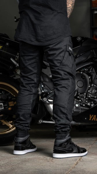 Ride Rich Unit 16 Armoured Denim Cargo Motorcycle Joggers - Black